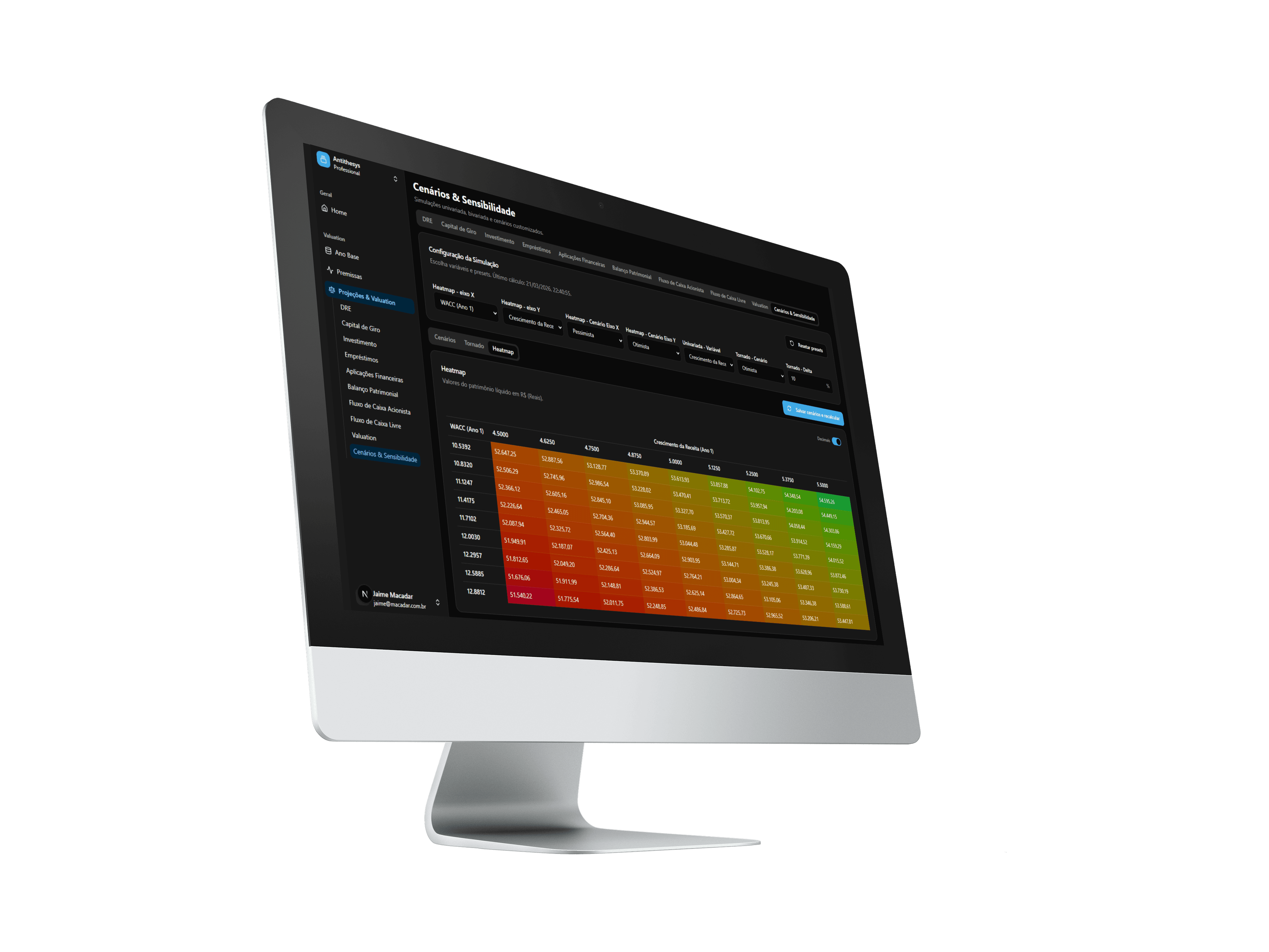 Tela de heatmap de sensibilidade da plataforma SaaS Valuation em mockup de monitor.