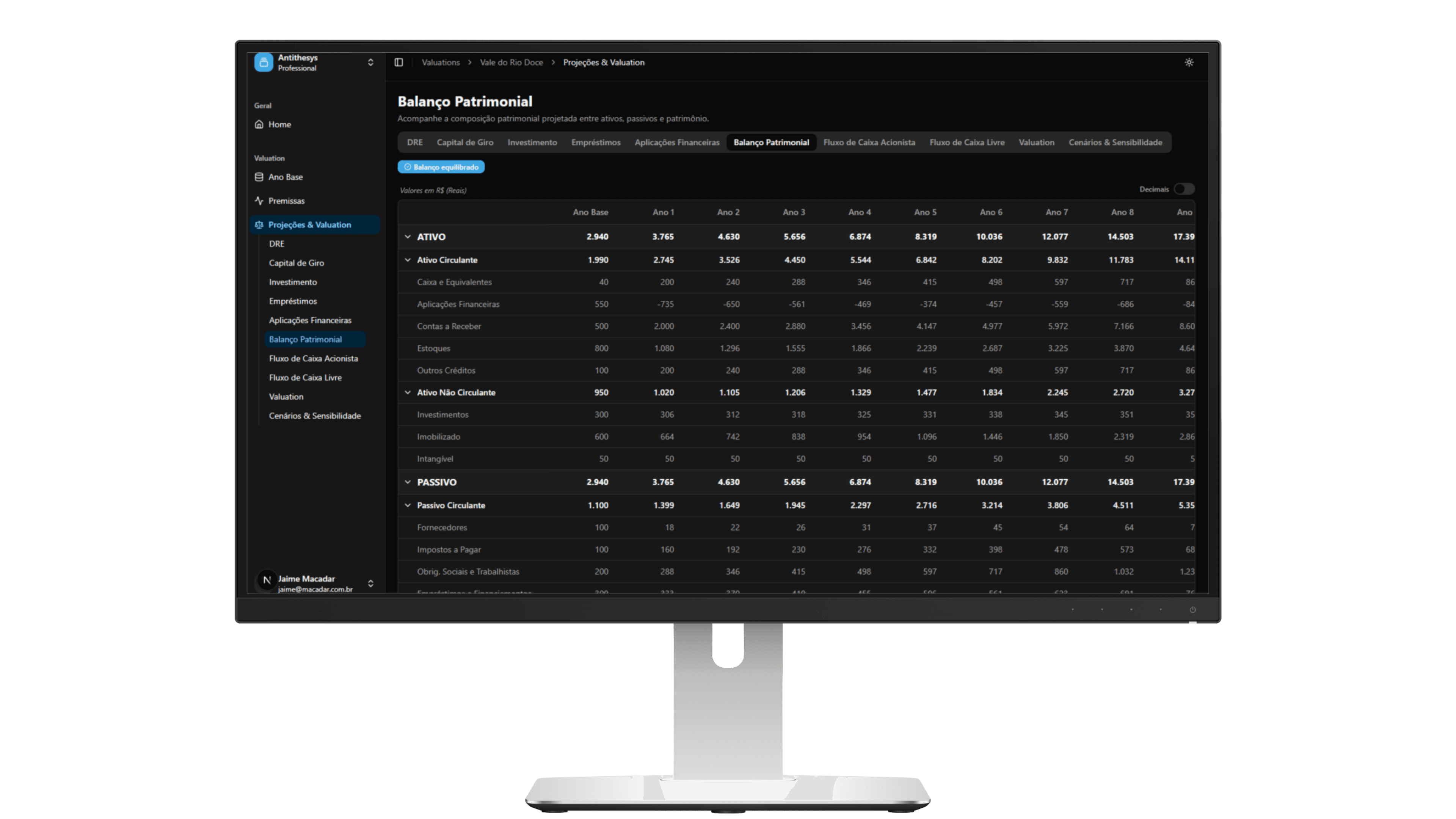 Tela de balanco patrimonial da plataforma SaaS Valuation em mockup de monitor frontal.
